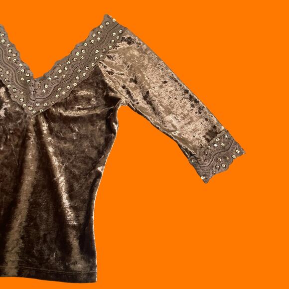 00's vintage crushed velvet gold sequins lace boho y2k top blouse XS SMALL - Picture 2 of 6